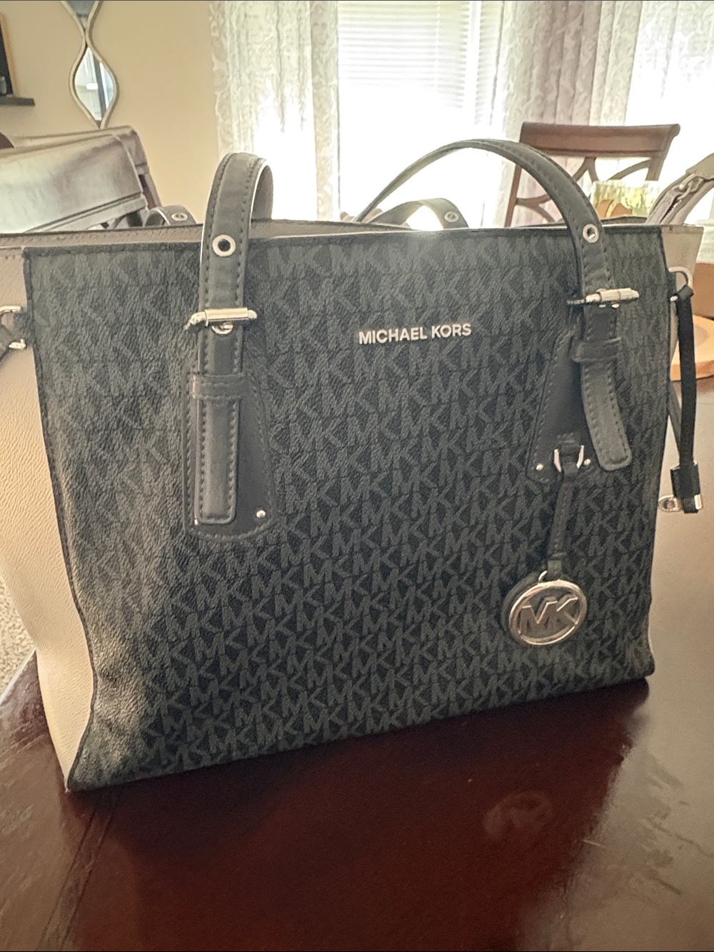 Michael Kors Black and Cream Logo Tote with Silver Hardware